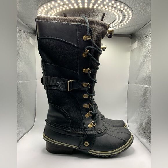 Sorel Conquest Carly Black Leather Winter Boots Style NL2033-010 Womens Size 7 - Picture 2 of 10